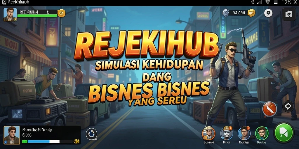 Screenshot gameplay interaktif REJEKIHUB yang menampilkan simulasi kehidupan.